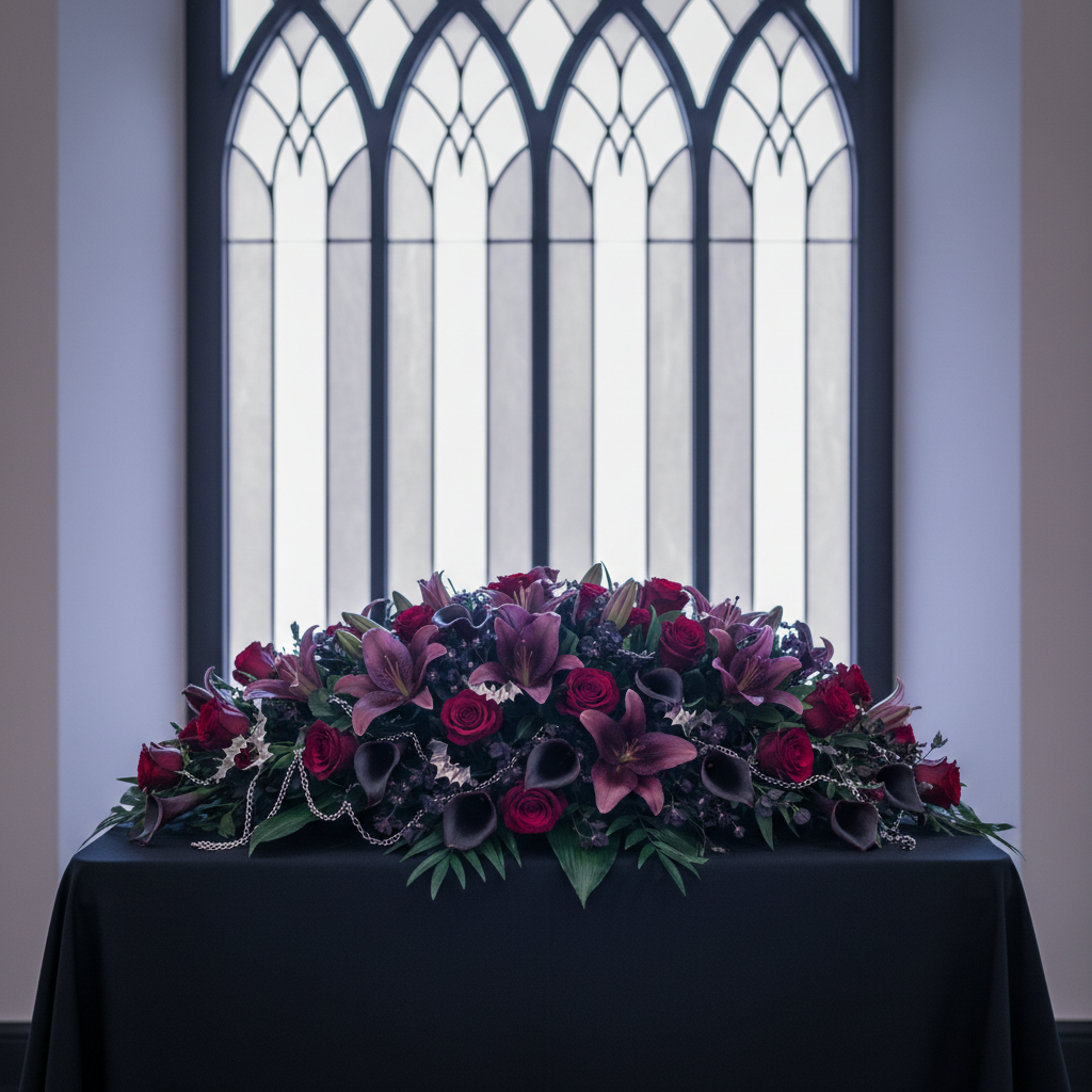 A dignified coffin-shaped floral arrangement in deep purple lilies, black calla lilies, and dark red roses rests atop a draped table covered in matte black linen. Subtle silver chains and miniature metal bat charms are woven among the blossoms, adding gothic character without appearing theatrical. Behind, a large, stained-glass-style panel in grayscale and muted violet depicts abstract, elongated arches. Gentle, diffused light from behind the panel creates a soft halo around the arrangement, while a cooler side light defines each petal’s texture. Captured at eye level in photographic detail, with the arrangement centered and the panel softly blurred, the image radiates somber elegance, blending classic funeral symbolism with a sophisticated gothic aesthetic.