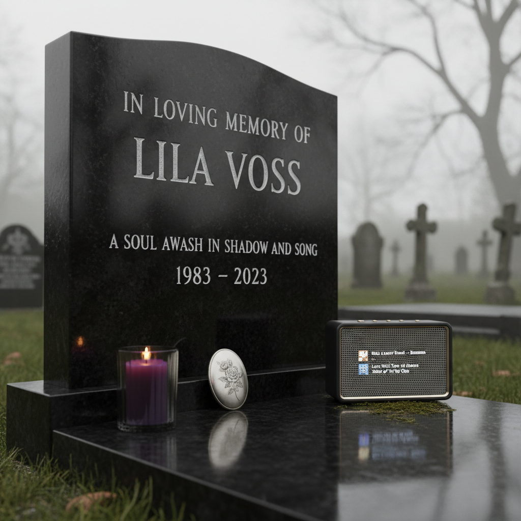 A close-up of a polished black granite tombstone with refined gothic serif lettering, surrounded by carefully placed offerings: a single dark purple candle in a glass holder, a vintage silver locket resting on the stone, and a small portable speaker discreetly playing music (implied through a visible playlist screen showing gothic and post-punk tracks). The graveyard setting includes blurred silhouettes of old stone crosses and bare-branched trees in the background. Overcast, diffused natural light casts a soft, even illumination that enhances the stone’s reflective surface without harsh glare. Photographed from a low, three-quarter angle with shallow depth of field, the tombstone inscription is in sharp focus while the background dissolves into a misty, contemplative atmosphere, suggesting a personalized, music-infused farewell.
