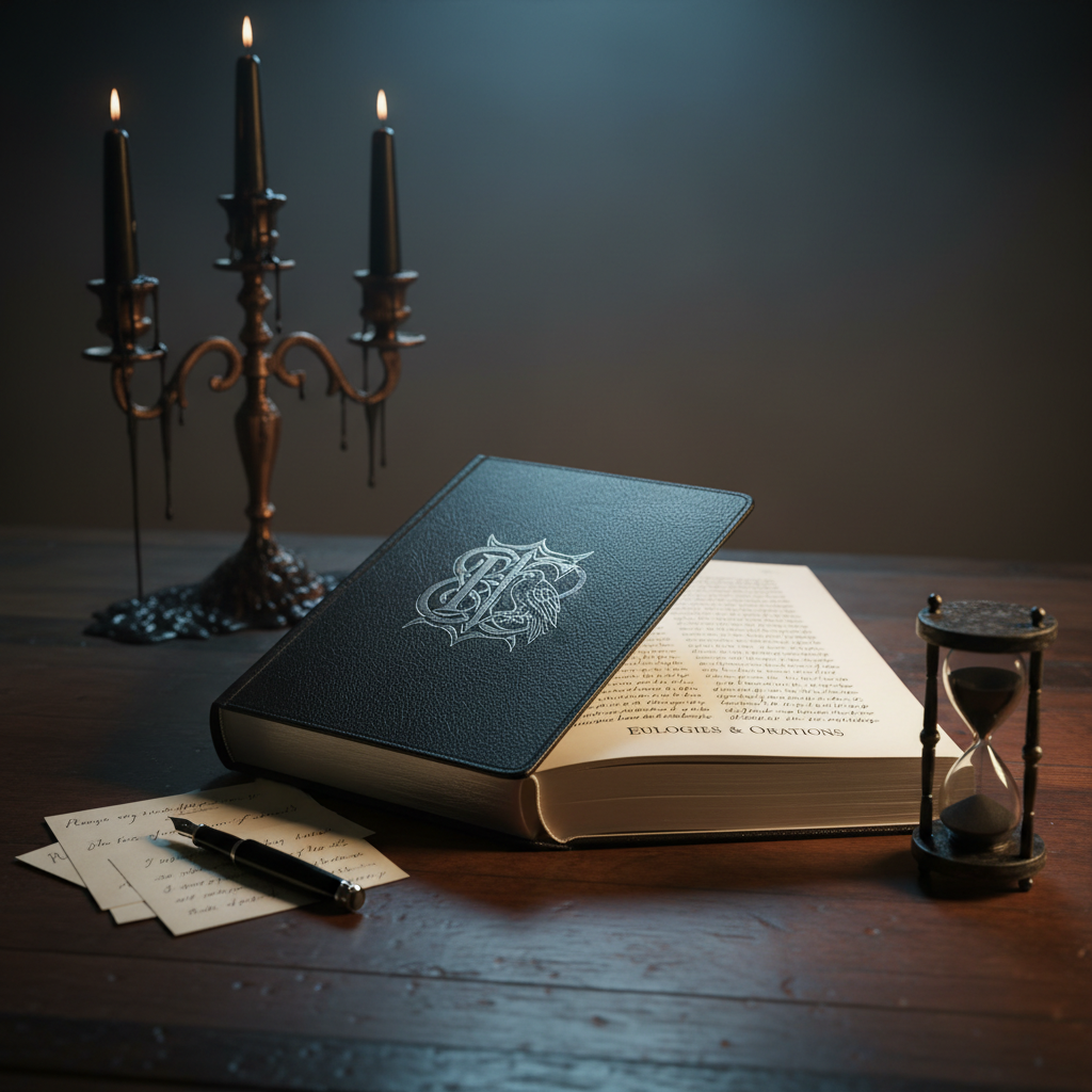 A black leather-bound book of funeral speeches, embossed with a subtle silver gothic emblem, lies open on a vintage dark oak desk. Around it are neatly arranged cue cards, a black fountain pen with silver nib, and a small, ornate hourglass filled with onyx sand. In the background stands a faintly lit antique candelabrum with half-melted black candles. Cool, diffused studio lighting from above and slightly behind creates a halo effect on the book’s textured cover and casts long, refined shadows. Photographed in realistic detail from a slightly elevated angle, the composition follows the rule of thirds, with crisp focus on the open pages and a softly blurred, atmospheric backdrop suggesting quiet preparation for a dignified gothic funeral ceremony.