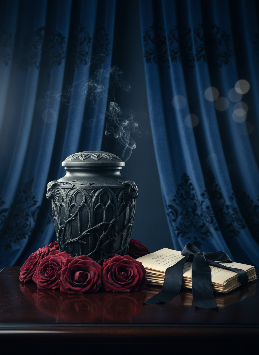 A meticulously arranged gothic memorial altar on a dark, polished wooden table, featuring an intricately carved black stone urn, deep burgundy roses, and a stack of handwritten speeches bound with a black silk ribbon. Behind the altar rises a backdrop of heavy velvet curtains in midnight blue, subtly embroidered with baroque patterns. Soft, cool-toned studio lighting falls from the side, creating delicate highlights on the urn’s matte surface and gentle shadows in the folds of the fabric. Wisps of incense smoke curl upward, adding atmosphere. Shot at eye level with a shallow depth of field, the foreground details are in sharp photographic focus while the background curtains blur into a moody, sophisticated bokeh, evoking an elegant, alternative farewell setting.