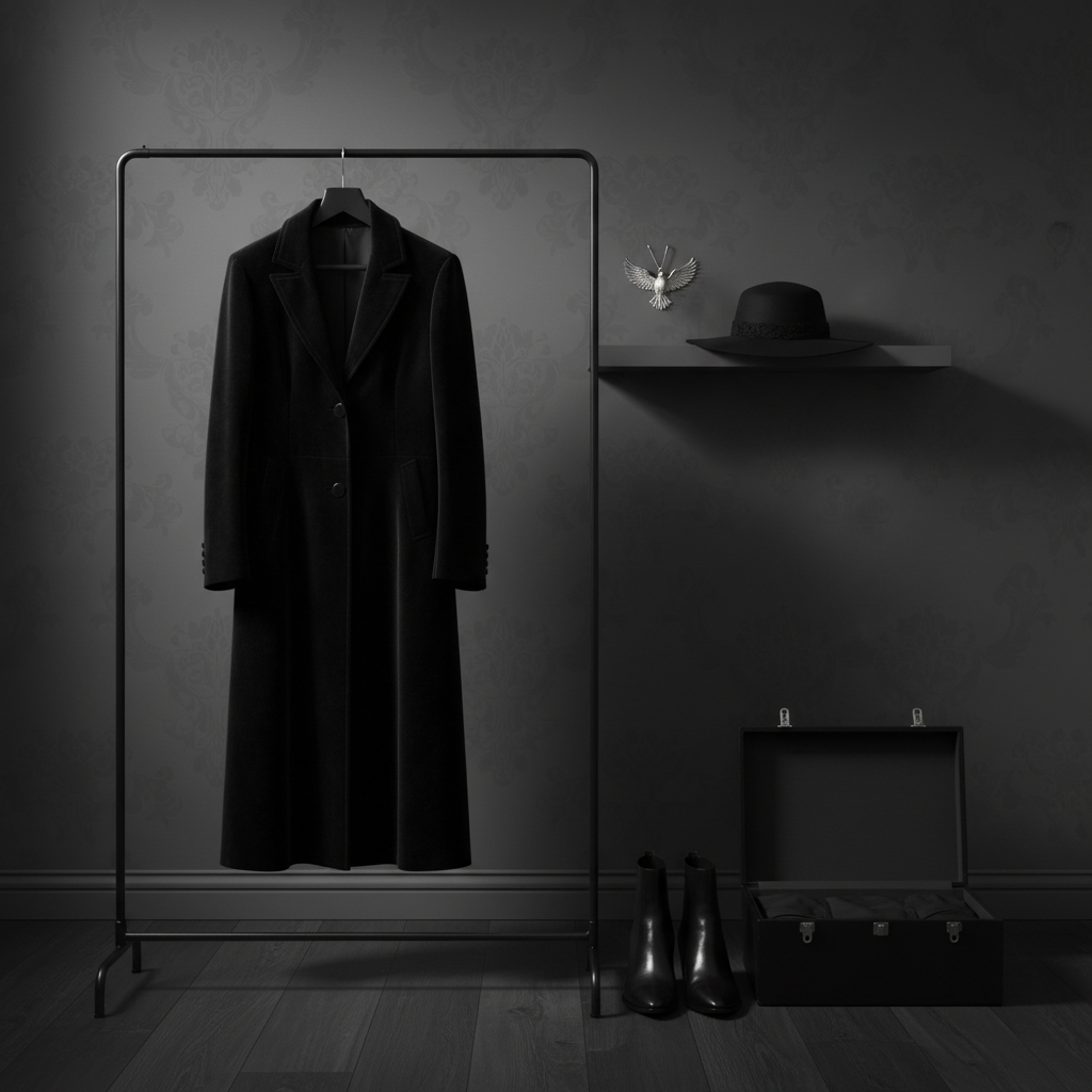 A tastefully arranged wardrobe vignette suggesting gothic-appropriate funeral attire: a tailored long black velvet coat on a minimalist matte-black clothing stand, beside a pair of polished black leather boots and an open hatbox revealing a refined, wide-brimmed black hat with a subtle lace band. On a nearby shelf rests a small silver pendant in the shape of a stylized raven. The scene is set against a smooth charcoal-grey wall with a faint, baroque-inspired pattern. Soft, directional studio lighting from the upper left creates gentle sheen on the velvet and leather while leaving deep, elegant shadows. Shot in photographic realism from an eye-level perspective, the composition is minimalist yet richly textured, conveying a sophisticated, non-costumey gothic presence suitable for a dignified ceremony.