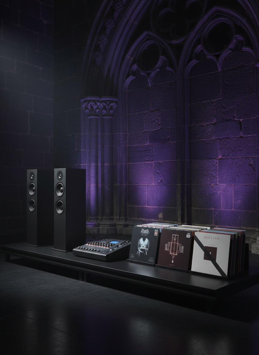 A refined sound setup for a gothic funeral ceremony displayed on a low, black stage platform: sleek matte-black speakers, a minimalist mixing console, and a row of vinyl records featuring gothic, EBM, and post-punk album art in muted tones. The backdrop is an arched stone wall with subtle gothic tracery, softly illuminated by deep violet and indigo uplighting. Dim, directional spotlights from above pick out metallic controls and glossy record sleeves, creating delicate reflections. Shot in photographic realism from a three-quarter angle, the composition balances equipment on one side and records on the other, with a moderate depth of field that keeps all key elements sharp while the stonework recedes slightly, conveying a professional yet subculturally attuned musical farewell environment.